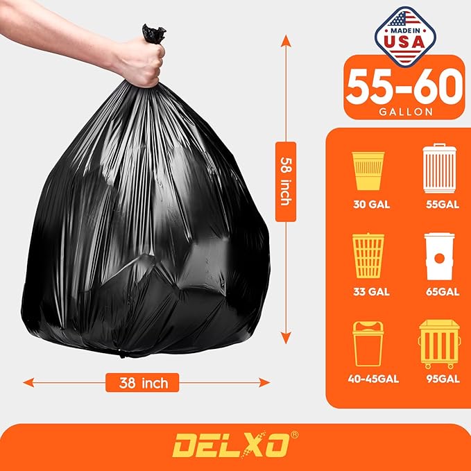 Delxo 55-60 Gallon Trash Bags, Durable & Puncture-Resistant Plastic Bolsas para