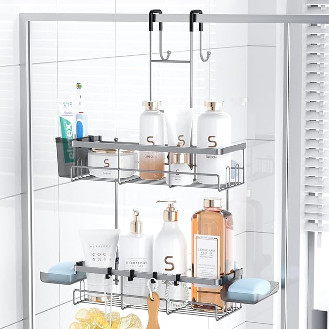 Hanging Shower Caddy Over Door: Silver Rustproof Shower Organizer over the Door