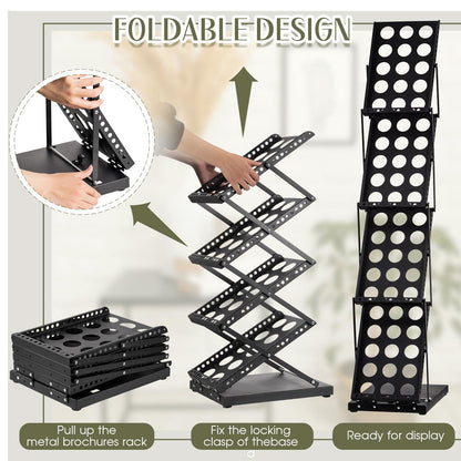 Tatuo 2 Pieces Foldable Magazine Rack Metal Catalog Literature Rack Portable 4 Pockets with Carrying Bag Brochure Stand Literature Display Holder Stand for Exhibition Trade Show