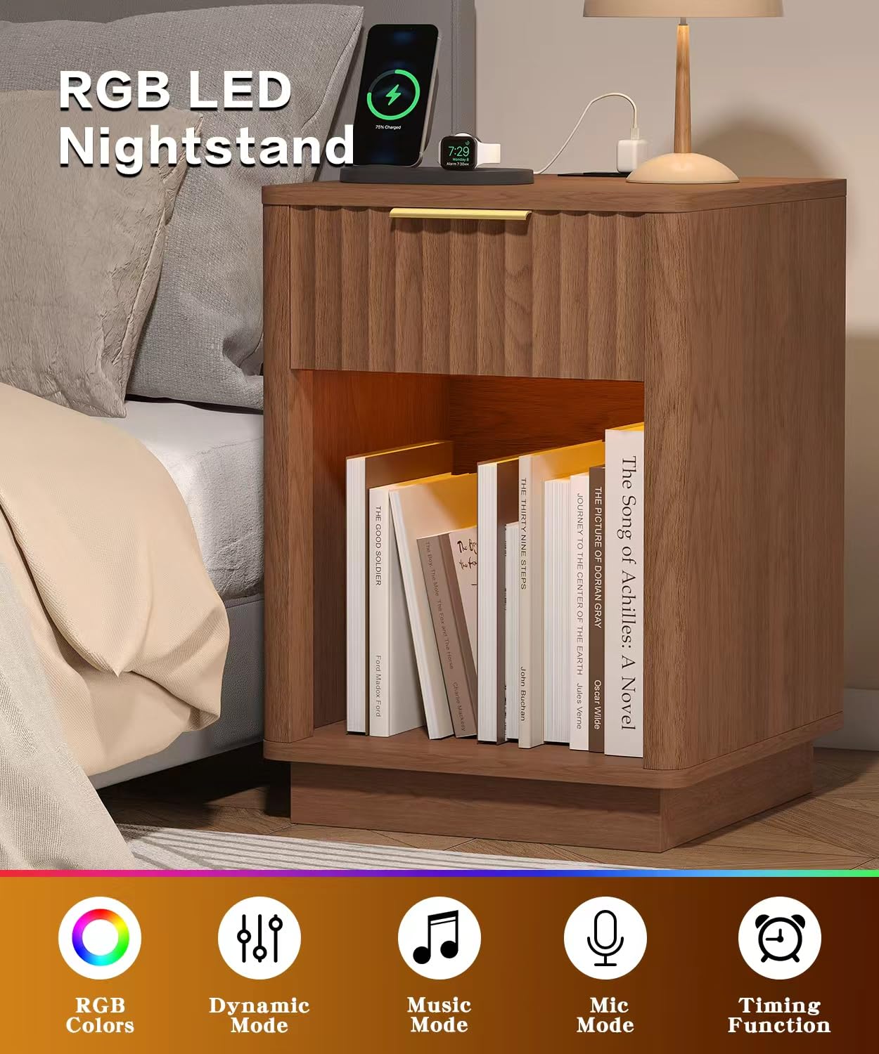 Akxomel Fluted Nightstand, Wooden Night Stand with Charging Station and LED Light, Modern Mid Century End Table with Drawer, 15" D x 15.7" W x 22.6" H, for Bedroom, Walnut