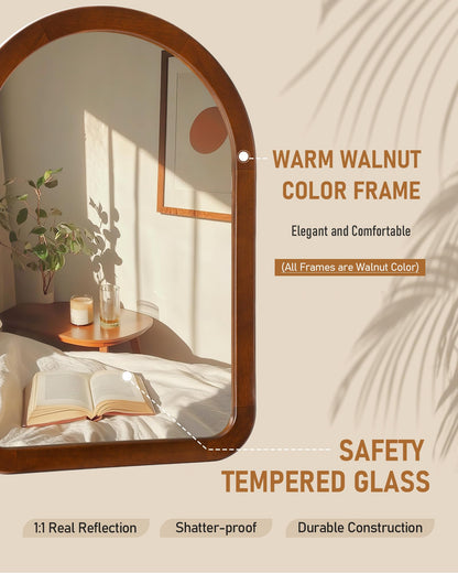 Arched Mirror 24 x 36 Inch,Walnut Brown Wood Rustic Bathroom Tempered Wall Mirror with Wood Frame,Round Corner Arch Farmhouse Wooden Vanity Mirror for Living Room,Entryway or Bedroom