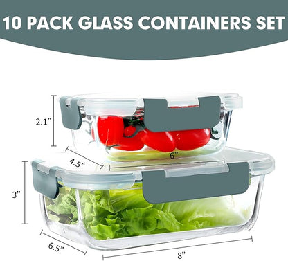 VERONES 10 Pack Glass Meal Prep Containers, Airtight Glass Lunch Containers