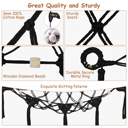 Stuffed Animal Storage Hammock Corner, 57 Inch Large No Drilling Handcrafted Stuffed Animal Net, Natural 100% Cotton Boho Macrame Toy Hammock Stuffed Animal Organizer for Kid Room Nursery Decor(Black)