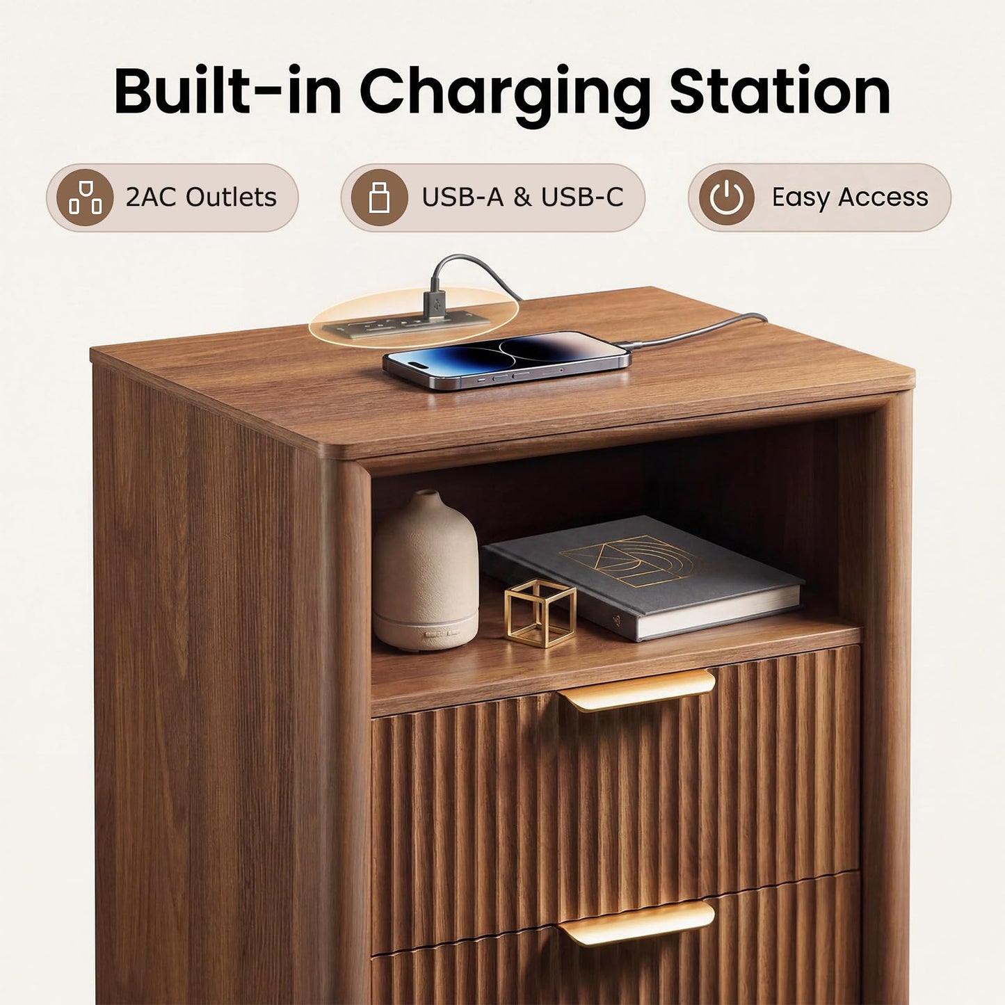 LYNCOHOME 19.7" Fluted Nightstand with Charging Station, 2 Drawer Bedside Table, Modern Night Stand with Curved Edge Design, Wooden End Table for Bedroom, Rounded Night Stand with Storage, Walnut