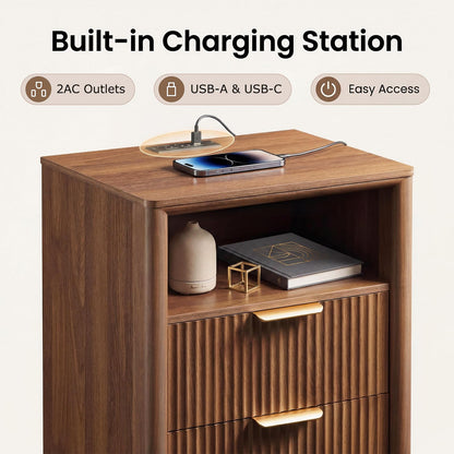 LYNCOHOME 19.7" Fluted Nightstand with Charging Station, 2 Drawer Bedside Table, Modern Night Stand with Curved Edge Design, Wooden End Table for Bedroom, Rounded Night Stand with Storage, Walnut