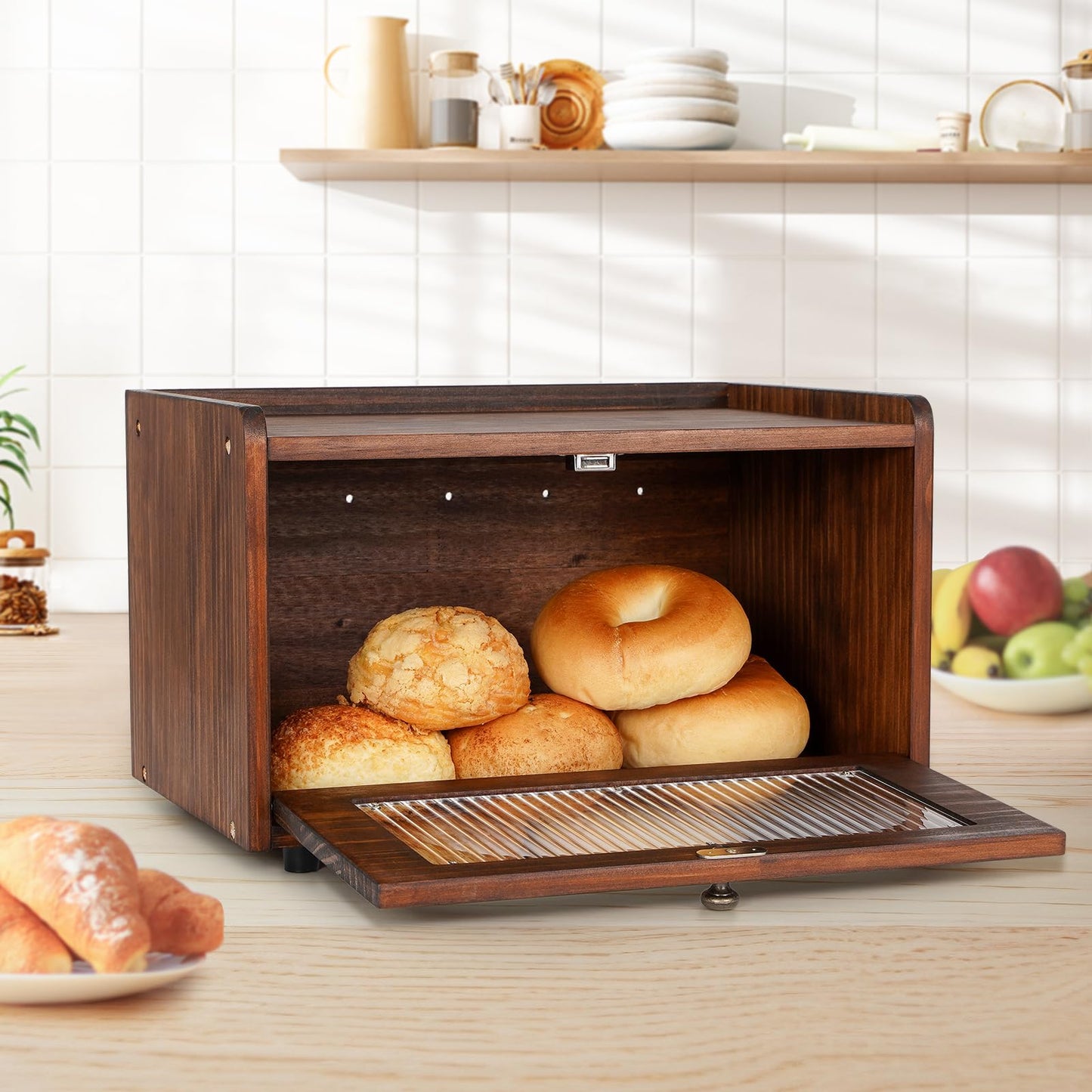 Sunhoo Double Layer Bread Box (L14.4in*W9.4in*H13.4in/Brown) and Single Wooden Bread Storage(L14.37in*W9.25in*H8.66in/Brown) Rustic Bread Keeper Farmhouse Food Organizer Pantry Shelf Acrylic Window