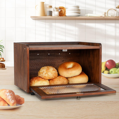Sunhoo Double Layer Bread Box (L14.4in*W9.4in*H13.4in/Brown) and Single Wooden Bread Storage(L14.37in*W9.25in*H8.66in/Brown) Rustic Bread Keeper Farmhouse Food Organizer Pantry Shelf Acrylic Window
