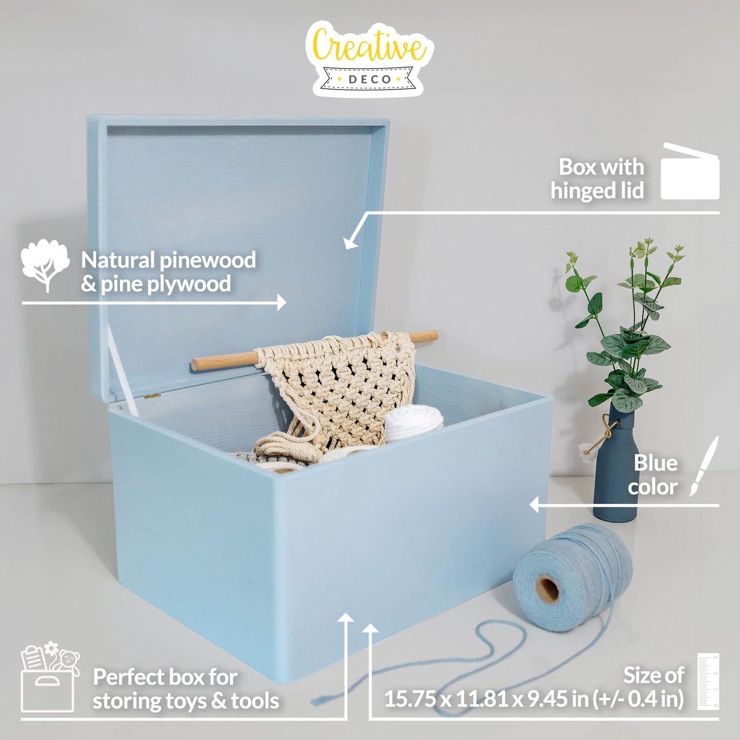 Creative Deco Large Blue Wooden Box Storage with Hinged Lid | 15.8x11.8x9.44in (+-0.5) | Keepsake Gift Box Storage Document | Wood Chest Trunk PRODUCT NOT INTENDED FOR 15 YEARS OR BELOW