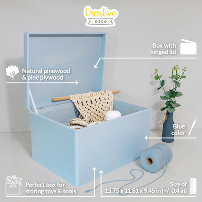 Creative Deco Large Blue Wooden Box Storage with Hinged Lid | 15.8x11.8x9.44in (+-0.5) | Keepsake Gift Box Storage Document | Wood Chest Trunk PRODUCT NOT INTENDED FOR 15 YEARS OR BELOW