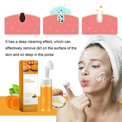 2 Pcs Turmeric Facial Cleanser, Glow Wash Turmeric Face Wash With Brush, Deep Cleansing Exfoliating for Women All Skin.