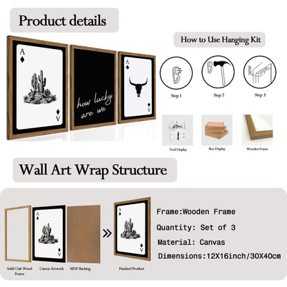 Western Wall Art Set of 3, Southwestern Cowboy Playing Card Wall Decor, Longhorn Bull Skull and How Lucky are We Poster Canvas Painting Prints for Bedroom Living Room 12x16 inch Wood Framed