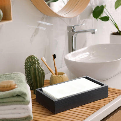 Kigley 2 Inch Tall Wood Guest Towel Holder for Bathroom, Black Napkin Holder Tray for Table, Hand Towel Storage Basket for Home Vanity Countertop Hotel Toilet Tank Kitchen Desk Counter Drawers Decor