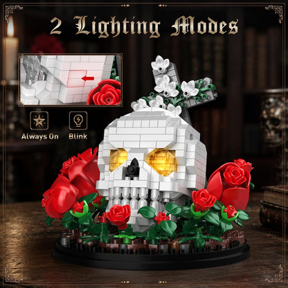Vziimo Skull & Flowers Building Set, Gothic Skull Roses Micro Building Blocks Decor Model Kit with Cross, Horror Gifts for Adults, Teens Age 14+, Gothic Art Fans (582 PCS)