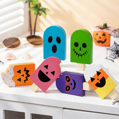 Kathfly 6 Pcs Summer Halloween Table Decor Wooden Ice Cream Tiered Tray Decor Halloween in Summer Table Sign Spooky Cute Tabletop Centerpiece for Home Kitchen Shelf Display Desk Party Decoration Gift