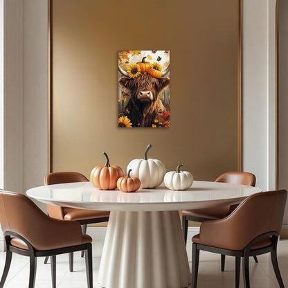 YMXDYMJSW Fall Canvas Wall Art Highland Cow with Pumpkin Pictures Prints Sunflower Paintings Autumn Harvest Artwork for Thanksgiving Kitchen Decor Framed (Brown,20L x 16W)