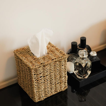 Set of 2 Seagrass Handwoven Wicker Tissue Box Cover, Natural Handmade Napkin Box Holder, Handcrafted Square Facial Tissue Holder for Bathroom, Rustic Decorative on Table and Bathroom,Boho Decorative