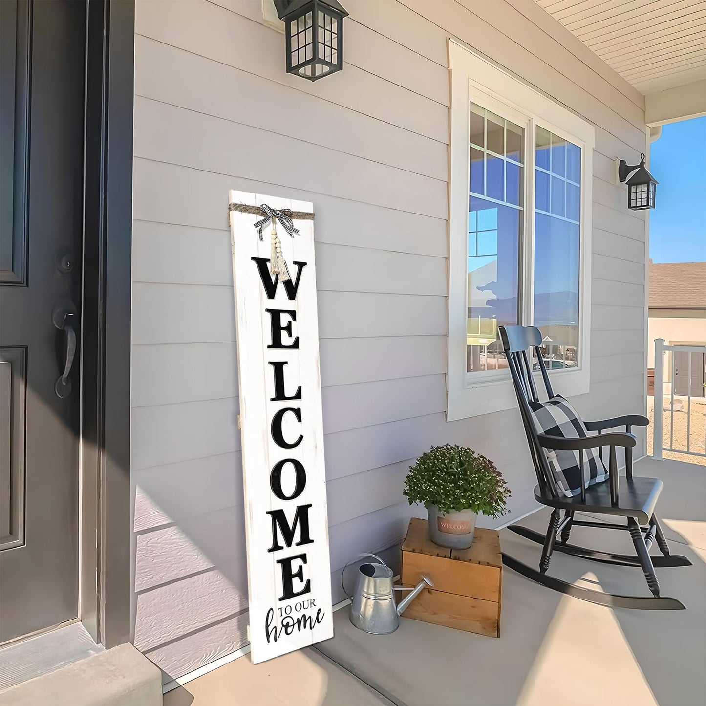 MODE HOME Large Vertical Welcome Sign for Front Door Porch, 47x10 Inch Solid Wood Farmhouse Porch Decor, 3D Raised Letters Rustic Welcome to Our Home Sign with Beads & Bow, No Assembly Required, Whitewashed