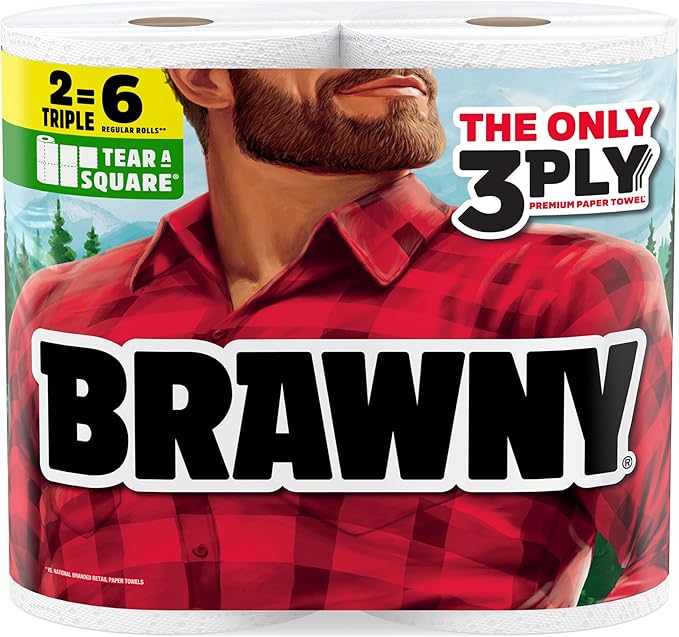 Brawny Tear-A-Square 3-Ply Paper Towels, 2 Triple Rolls = 6 Regular Rolls