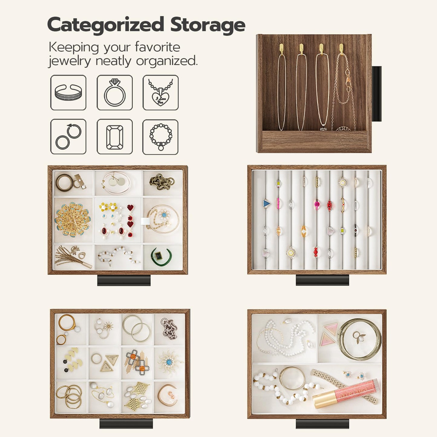 HOOBRO Jewelry Box for Women and Jewelry Organizer Bundle, Wooden Jewelry Box, Jewelry Case with Side Transparent Window, for Earring, Necklace, Bracelet, Ring BH09JB04-BH12JB04