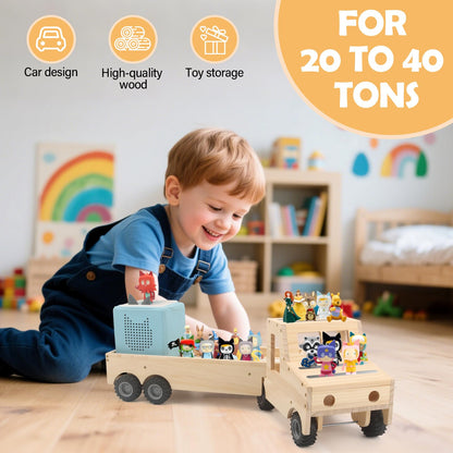 Taladad Storage & Play Car for Toniebox 2/1 and Tonie Figures Storage Shelf (Wooden Trailer), Magnetic Shelves Compatible with Tonie Box Player Character for Children Room (Natural, Wooden Trailer)