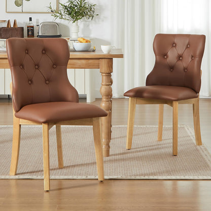 Faux Leather Dining Chairs Set of 2, Upholstered Dining Room Chair with Button Tufted, Solid Wood Legs, Mid Century Modern, Luxury Wingback Side Chair for Living Room, Kitchen, Restaurant, Brown
