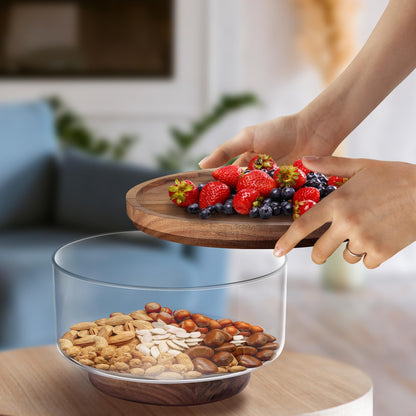 Large Glass Salad Bowls, Salad Bowl Set for Party with Acacia Wood Base and Lid and Salad Serving Utensils, Elegant and Practical Salad Bowls for Kitchen Essentials