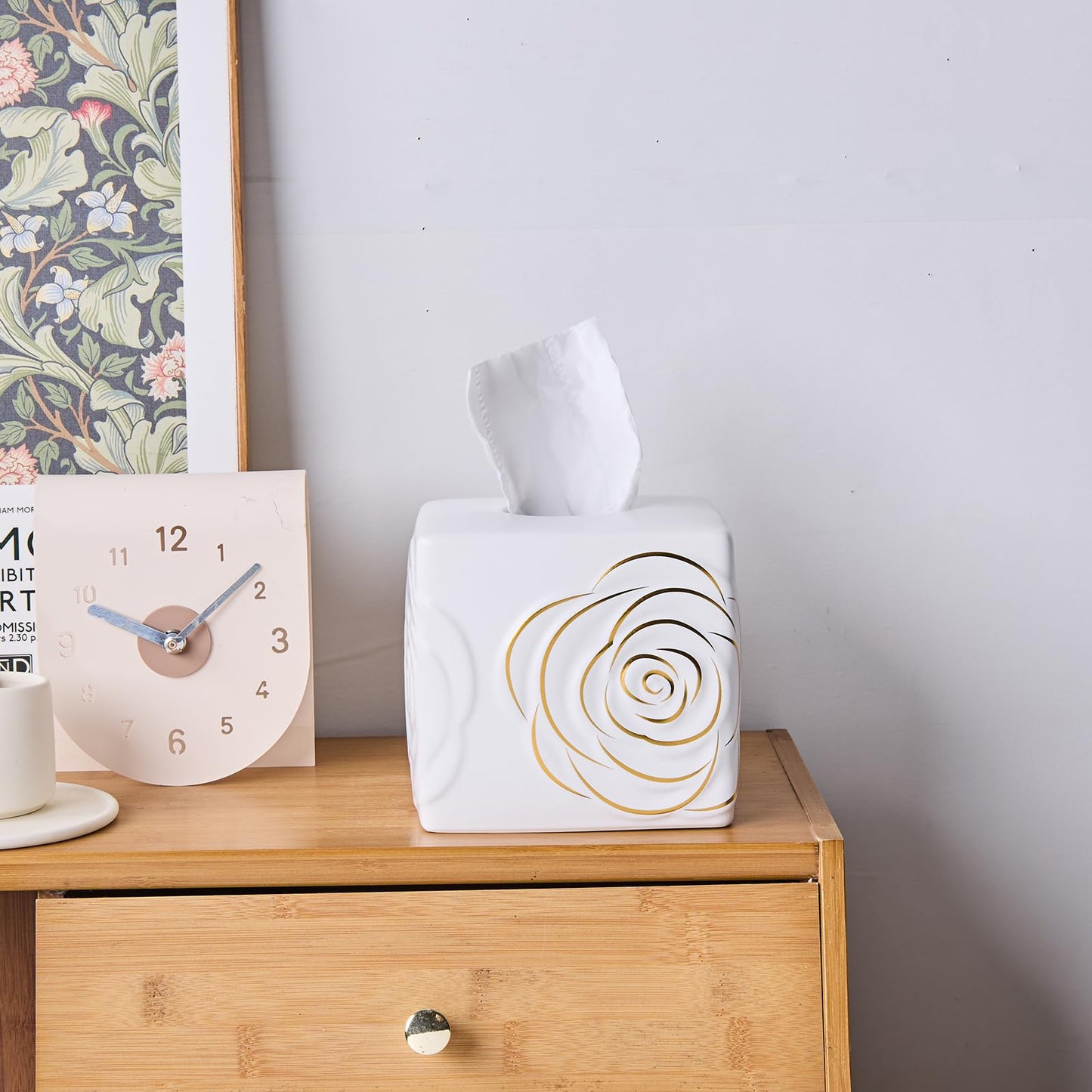 White Ceramic Cube Tissue Box Cover with Gold Rose – Large Elegant Rose Floral Square Decorative Tissue Box Holder for Bathroom, Bedroom, Office Desk, Kitchen Counter – Perfect Housewarming Gift