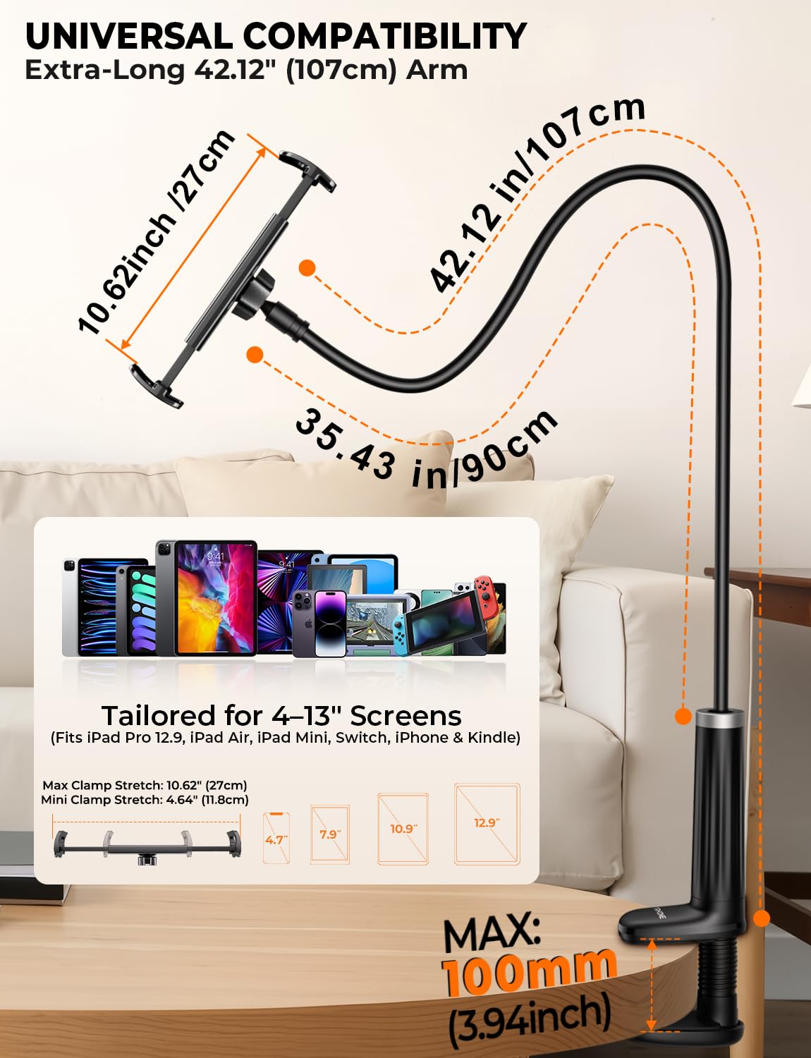 Mumay 42" Long Arm Tablet Holder for Bed with 360° Rotating Base: Flexible Gooseneck Stand Compatible with iPad Pro Air Mini | Kindle | Switch & Other 4–13" Devices