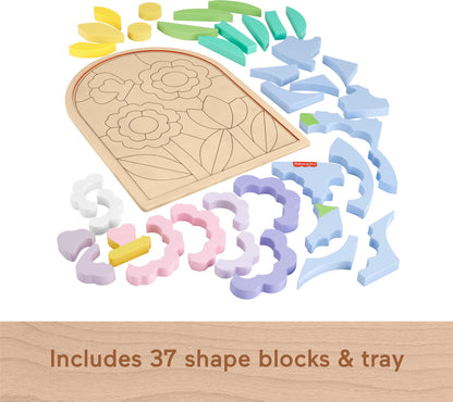 Fisher-Price Wood Preschool Toy Flower Puzzle Blocks, 38-Piece Wooden Stacking Set for Developmental Play Kids Ages 3+ Years