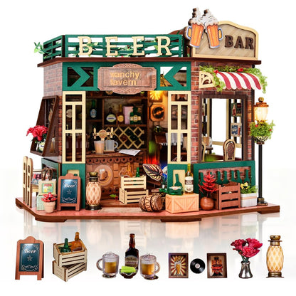 DIY Wooden Miniature House & Book Nook Kits, Bistro Modern Styles Doll House with LED Lights, Furniture, Beginner-Friendly for Adults & Teens, for Lovers, Buddies, Family & Book Lovers