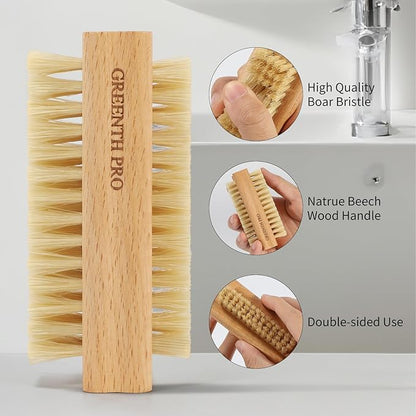 2 Pack Firm Boar Bristle Nail Brush, Hard Beech Wood Handle, Two Sided