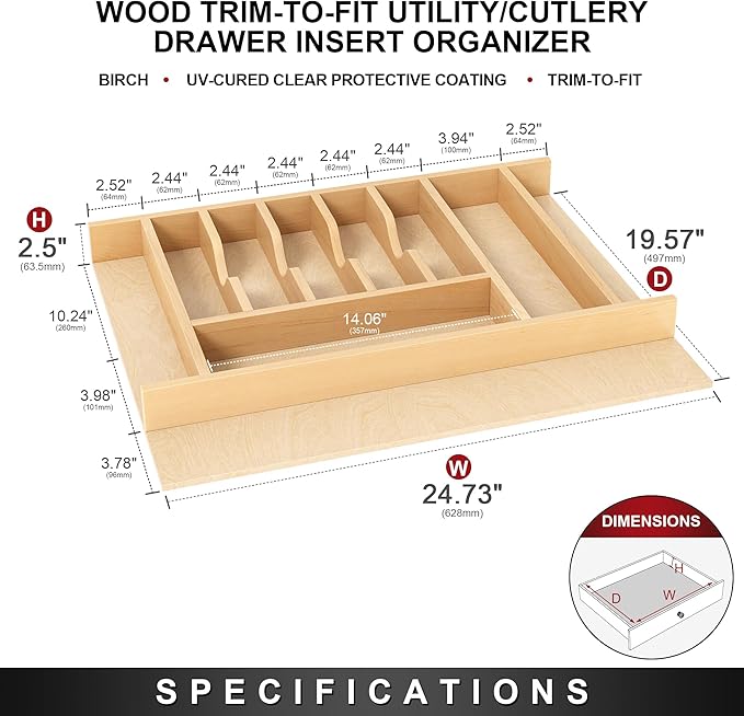 Clikuutory Natural Birch Wood Utensil Drawer Insert Organizer with 10 Compartments, Space-Saving Sturdy Drop-In Cutlery Divider Tray, Kitchen Cabinet Storage for Silverware, Spoons, Forks and Knives