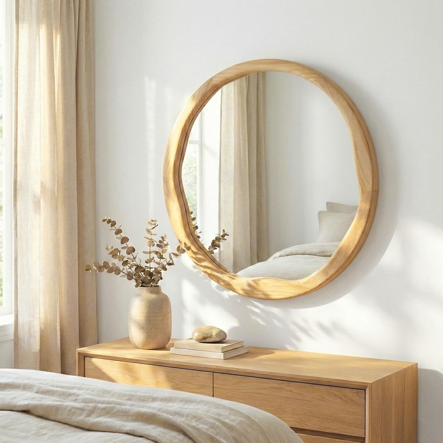 Pocetry Natural Wood Round Mirror 24 Inch, Solid Wood Framed Wall Mirror with Irregular Wavy Inner Edge for Bathroom Vanity, Bedroom & Boho Decor
