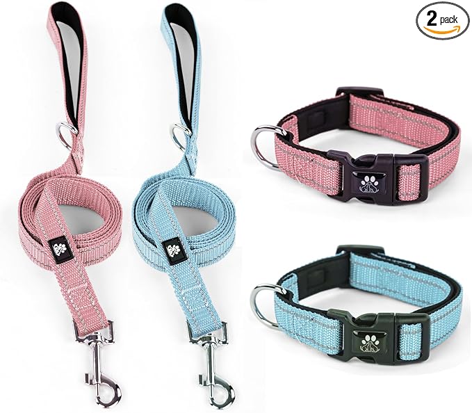 IVY&LANE 2 Pack Reflective Dog Collars and Leashs Set,Adjustable Neoprene Padded Dog Collar for Puppy, Breathable Nylon Pet Collar for Small Medium Large Dogs(Small,Blue+Pink)