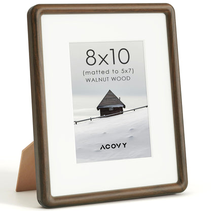 Acovy 8x10 Picture Frame, Natural Solid Walnut Wood Photo Collage Frame with HD Tempered Glass, Rounded Corner Wooden Frame 8 x 10 Matted to 5x7, Gallery Wall Frames for Art, Wall or Tabletop Display