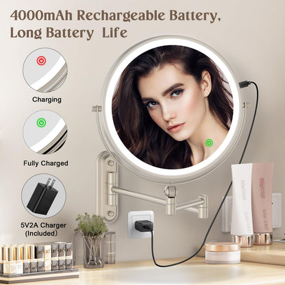 9" Wall Mounted Makeup Lighted Mirror, 4000mAh Rechargeable Double Sided LED Vanity Mirror with Height Adjustable&1X/10X Magnification, 3 Color Lights Touch Screen Dimmable 360°Swivel Bathroom Mirror
