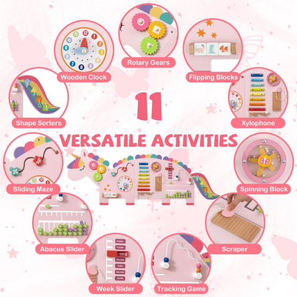 Costzon Activity Wall Busy Board, 11-in-1 Montessori Wooden Sensory Board Panels for Kids 3+, Wall-Mounted Toddler Learning Activity Center for Playroom, Daycare, Nursery, Classroom (Pink)