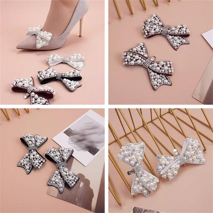 2 Pcs Pearl Bow Shoe Clips DIY Rhinestone Shoe Clips Bridal Wedding Shoe Accessories Detachable Shoe Buckle Heels Decor Beige White