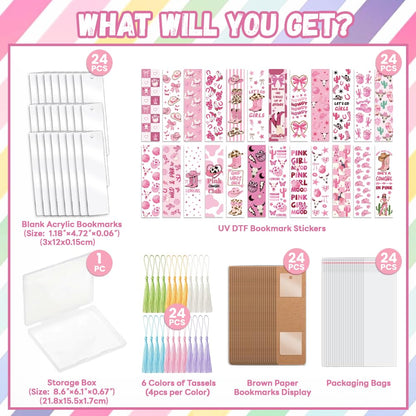 Peacoblue 121pcs Pink Cowgirl UV DTF Acrylic Bookmark Making Kits Carft for Women Men Adult, DIY Cute Bookmarker Decal Stickers Warps Kit for Students Teachers Book Lovers Reading