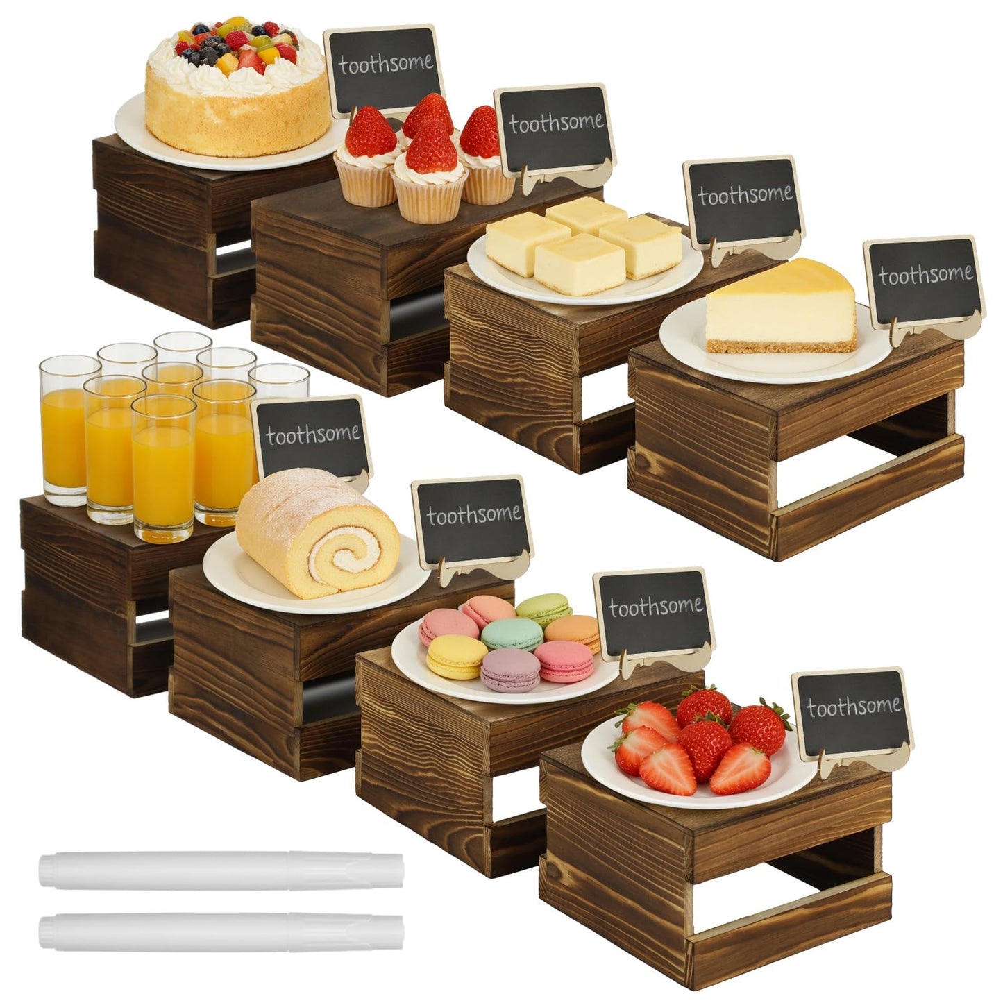 ZALIR 8 Pcs Rustic Wooden Risers for Table Display with 8 Mini Signs and 2 Pens - Tiered Dessert Display Stands, Rustic Cake Stand Buffet Risers for Party, Wedding, Birthday, Shower, 4 Sizes