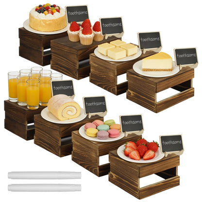 ZALIR 8 Pcs Rustic Wooden Risers for Table Display with 8 Mini Signs and 2 Pens - Tiered Dessert Display Stands, Rustic Cake Stand Buffet Risers for Party, Wedding, Birthday, Shower, 4 Sizes