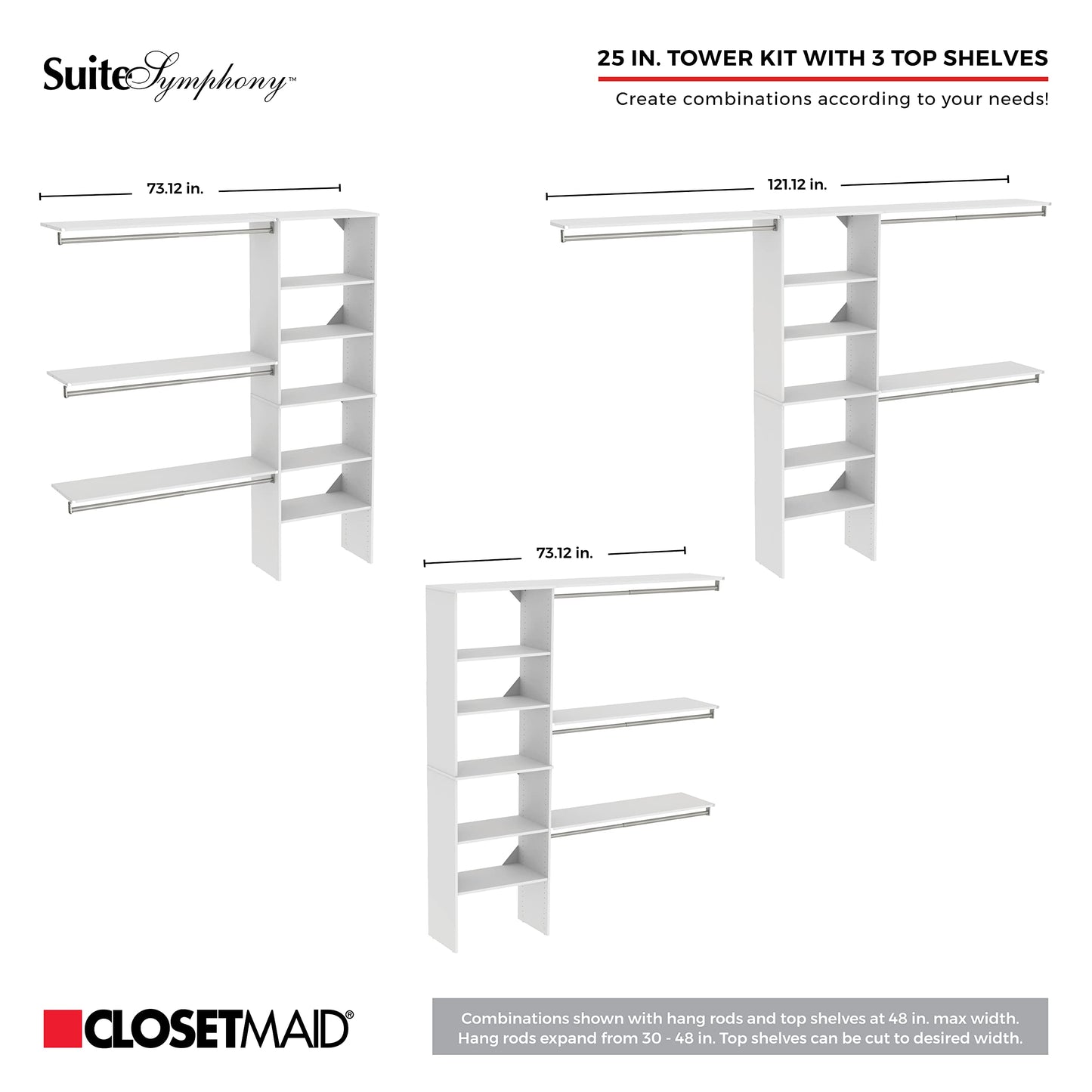 ClosetMaid SuiteSymphony Wood Closet Organizer Kit with Tower, 3 Hang Rods, Top Shelves, 3 Drawers, Adjustable, Fits Spaces 6 - 10 ft. Wide, Graphite Grey
