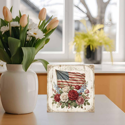 Independence Day Wood Box Sign Desk Decor, Retro American Red White Pink Rose Blue Flowers Decorative Wooden Block Box Sign Decorations for Home Office Shelf Table Decor 6x6 Inches