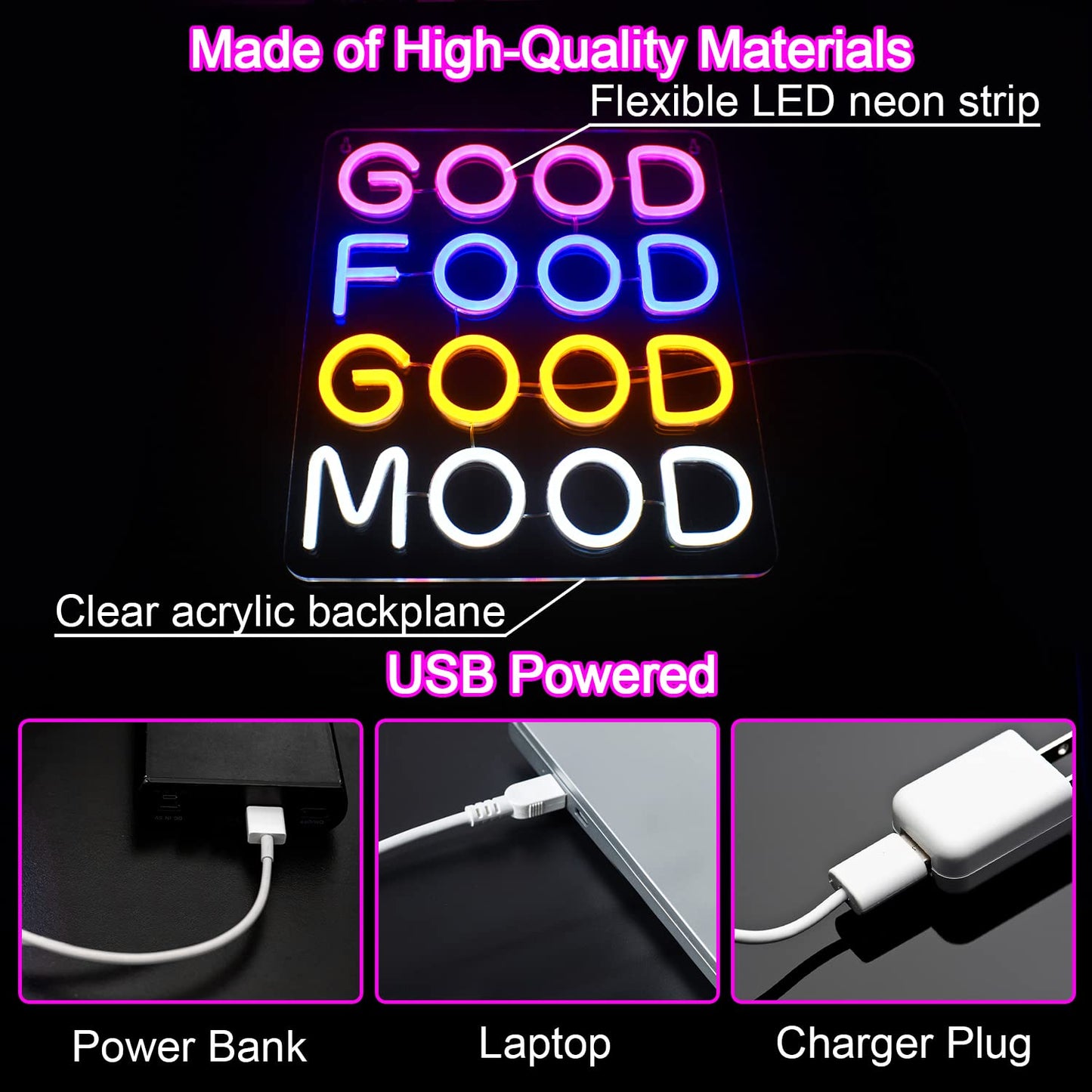 Horseneon Good Food Good Mood Neon LED Sign, Food Neon Signs for Wall Decor, Good Food Good Mood Neon Light with USB Powered for Snack Shop, Restaurant, Fast Food