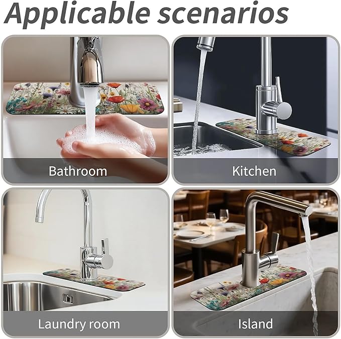 Kitchen Sink Splash Guard，wildflowers-in the meadow Faucet Mat Sink