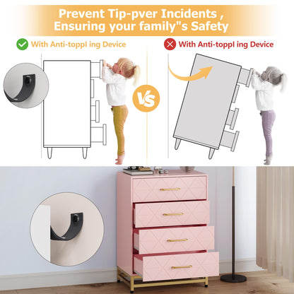 GarveeHome Wooden Dresser for Bedroom, Dressers & Chest of Drawers with 4 Drawer, Wood nightstand for Storage and Organization (Pink)
