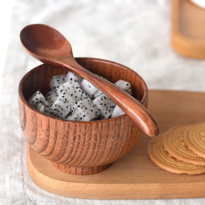 Kanhaom Small Wooden Bowls and Spoons, 10oz. Portion Control Bowls for Snack, Dessert, Japanese Serving Bowls for Rice, Soup, Solid Wood Bowls for Decor (4 Bowls - 4.1IN)