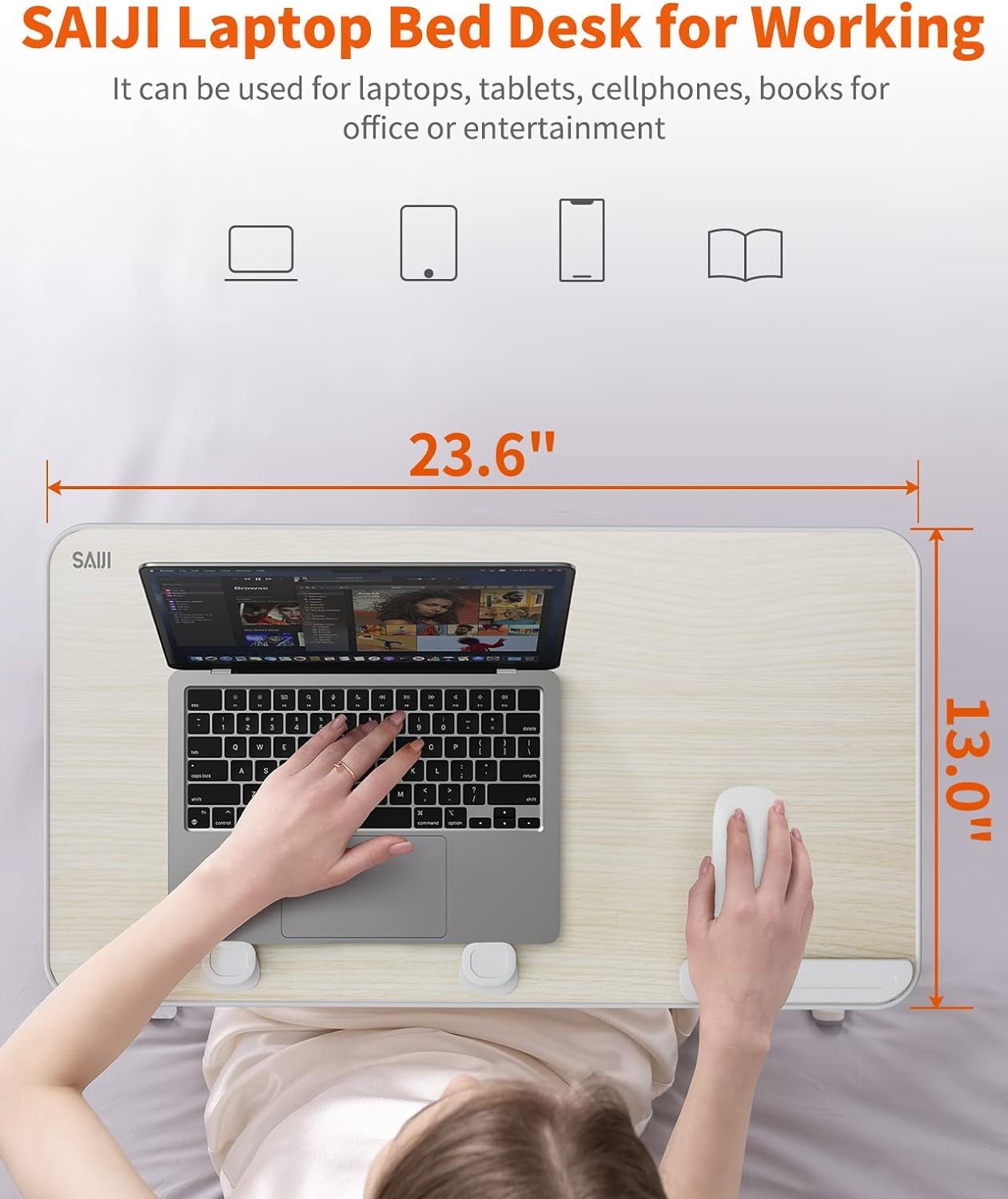Laptop Desk for Bed, SAIJI Lap Desks Bed Trays for Eating Writing, Adjustable Computer Laptop Stand, Foldable Lap Table in Sofa and Couch（23.6 x 13Teak