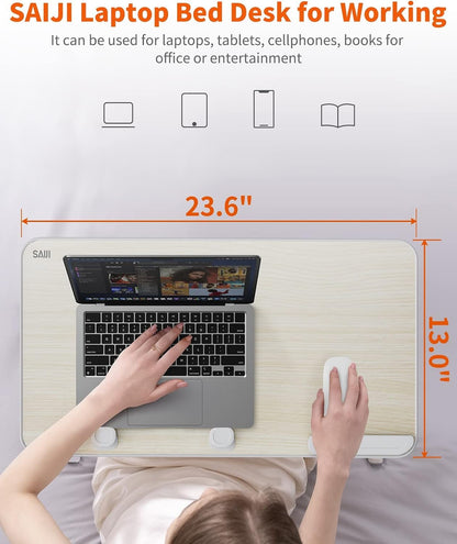 Laptop Desk for Bed, SAIJI Lap Desks Bed Trays for Eating Writing, Adjustable Computer Laptop Stand, Foldable Lap Table in Sofa and Couch（23.6 x 13Teak