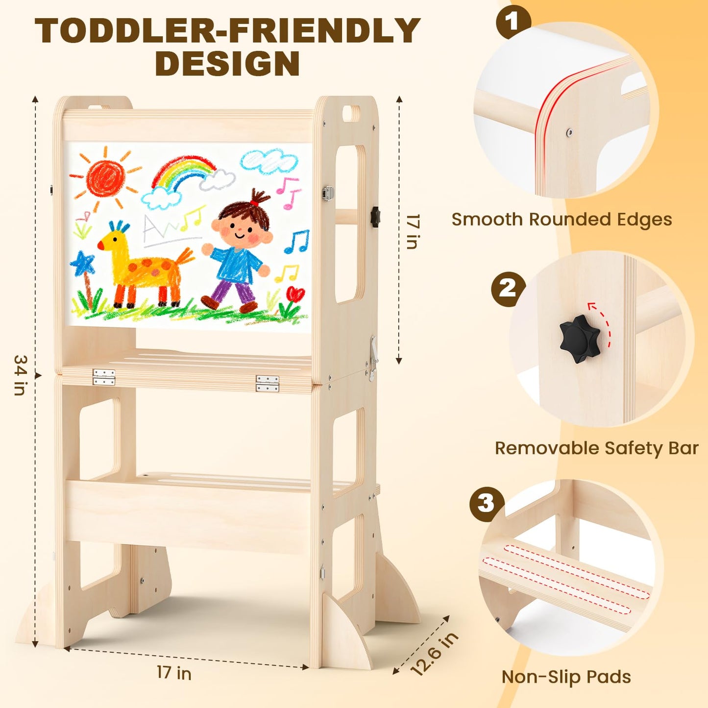 4-in-1 Toddler Kitchen Step Stool, Foldable Learning Standing Tower with Whiteboard, Wooden Kitchen Stool Helper for Kids, 1-3 Year Old Boy Girl Gifts